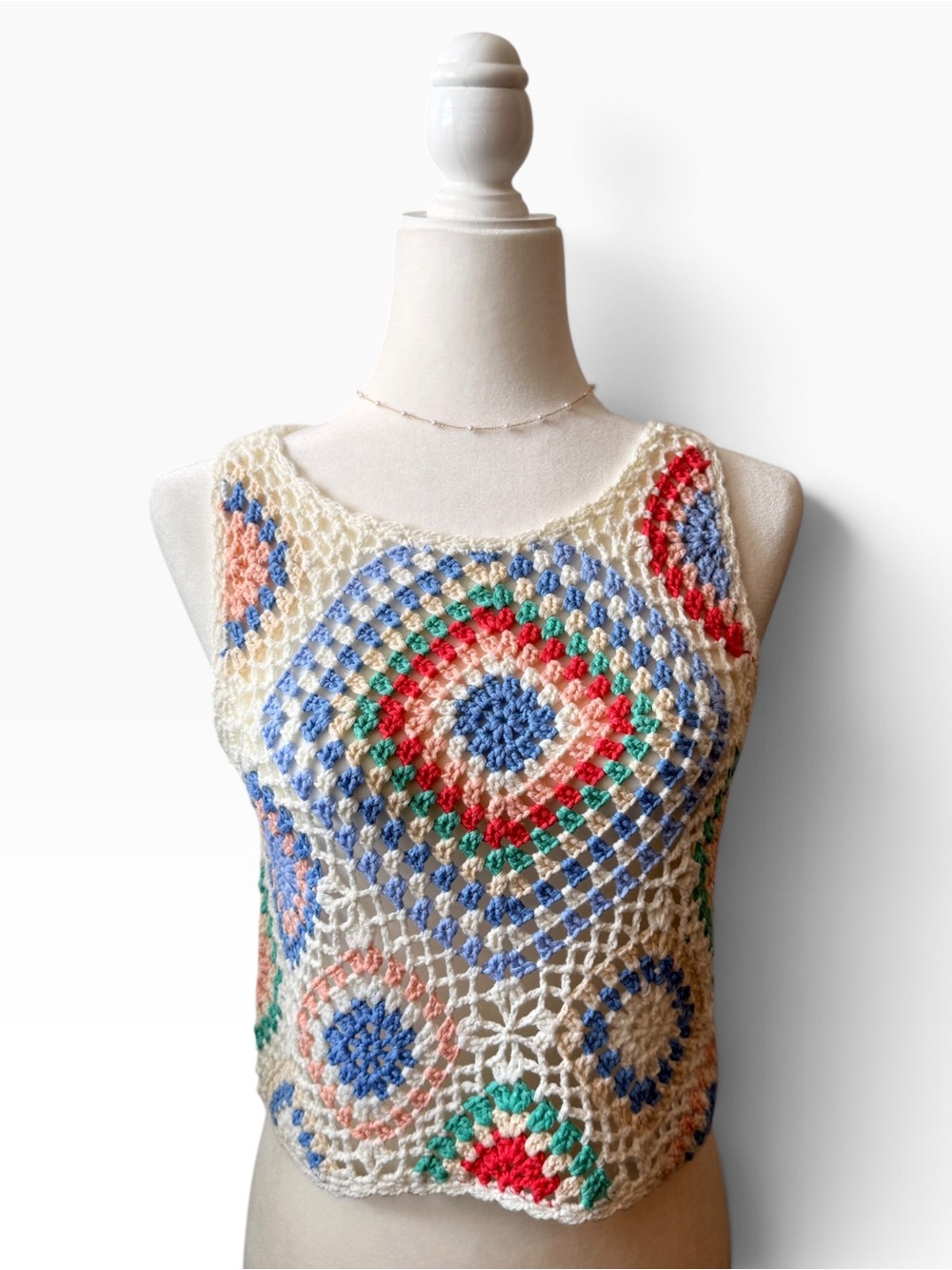 Altar'd State Cream Crochet Tank with Multicolor Diamond Motifs